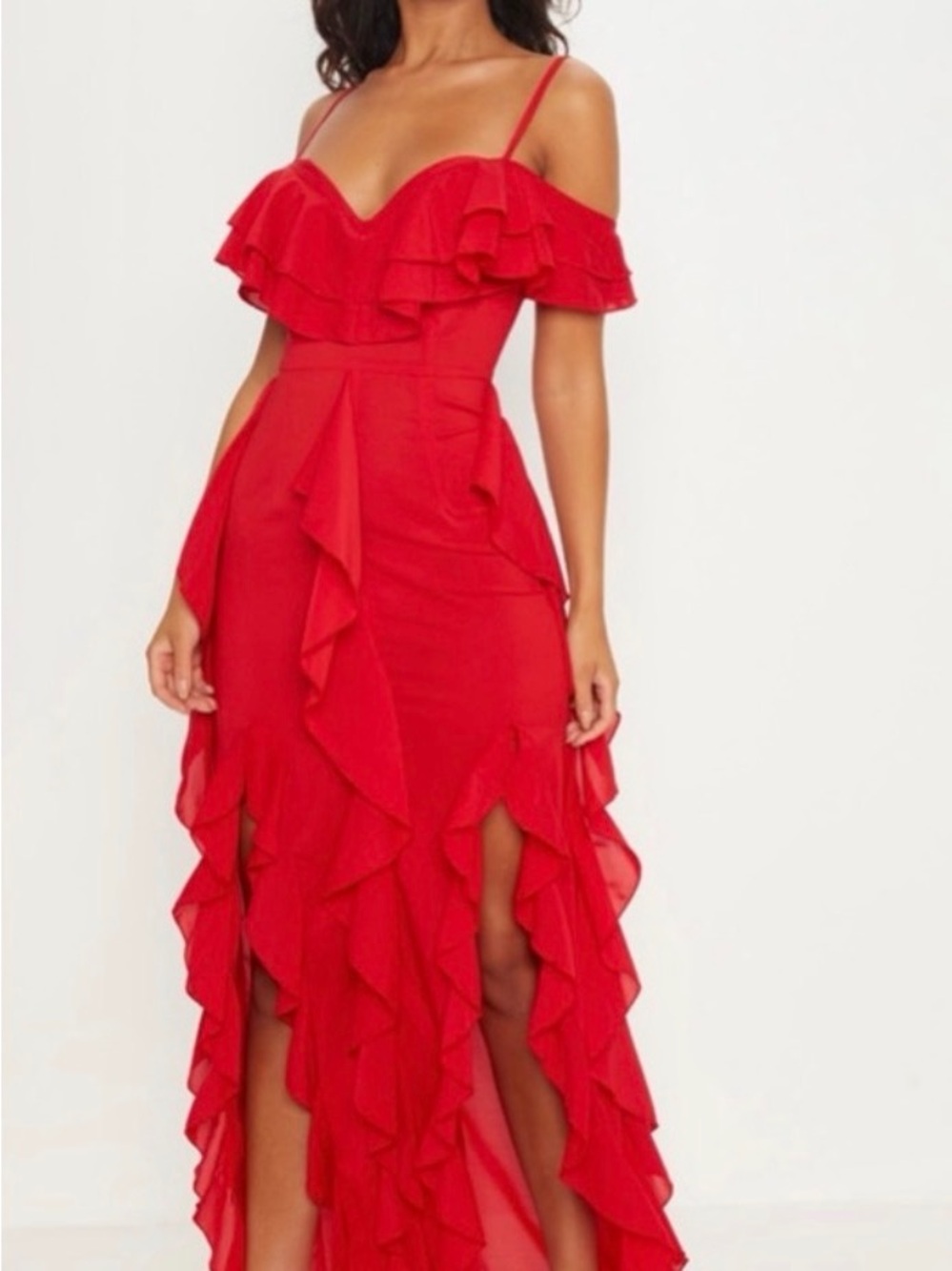 PrettyLittleThing Red Ruffle High-Low Maxi Dress